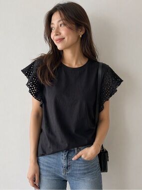 Karl Lagerfeld Black Ruffled Eyelet Short Sleeve Top Size XL - youthful flirty